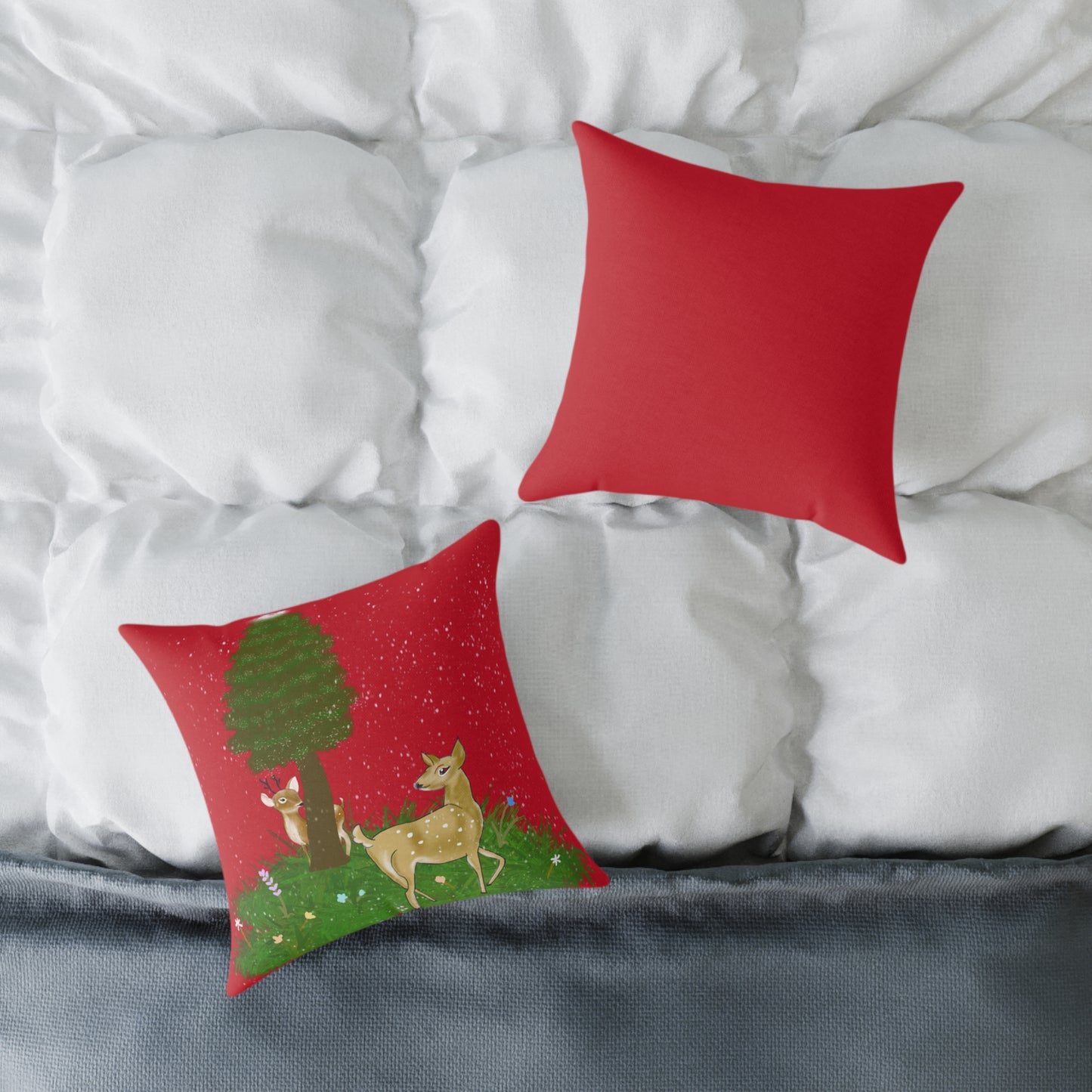 Square Pillow - Deer and Fawn Hide and Seek Christmas Snow