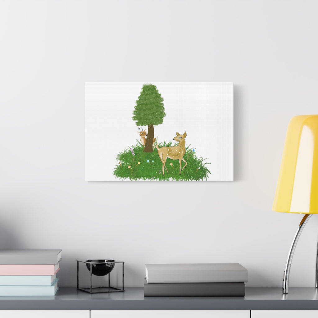 Canvas Print - Deer Fawn playing Hide and seek in snow