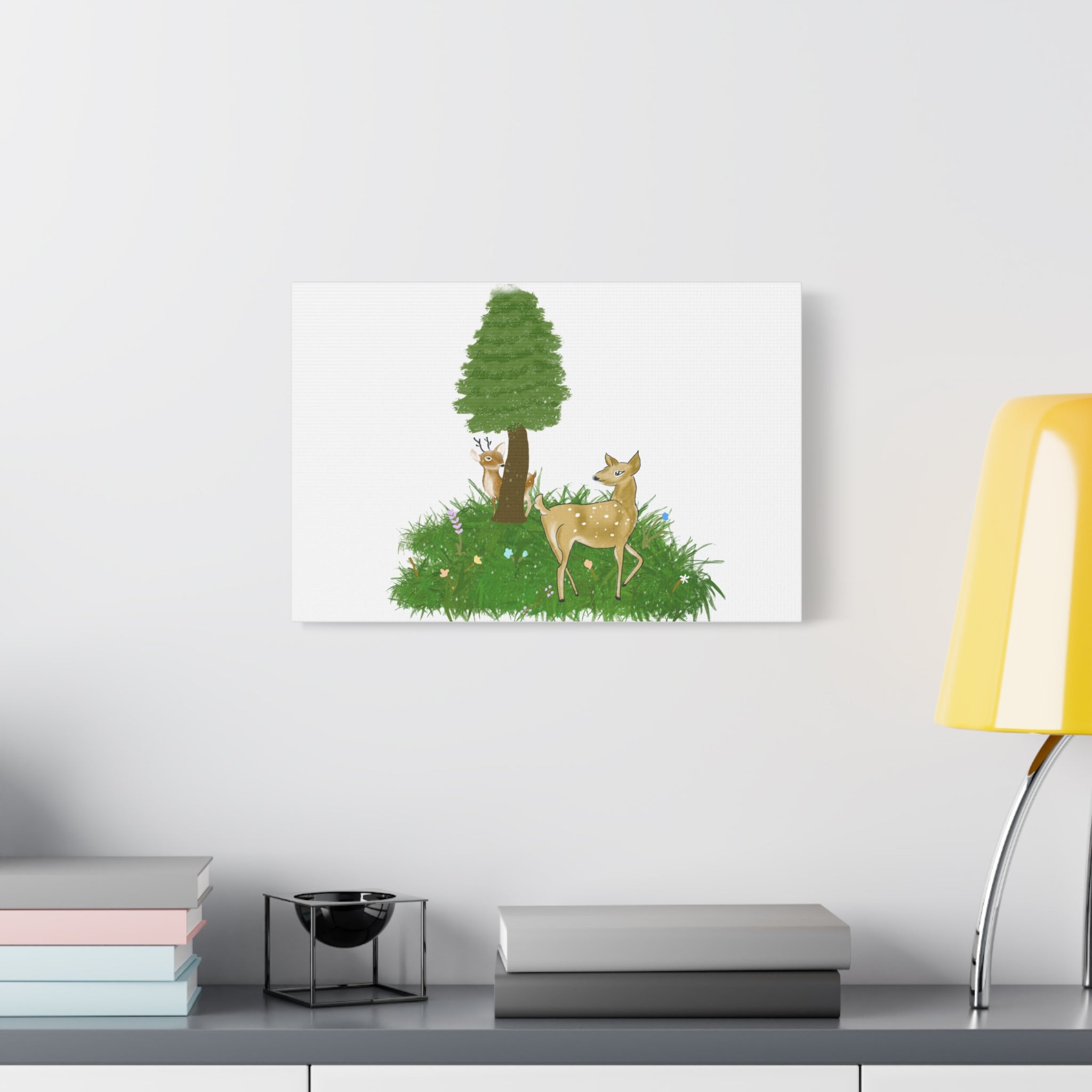 Canvas Print - Deer Fawn playing Hide and seek in snow
