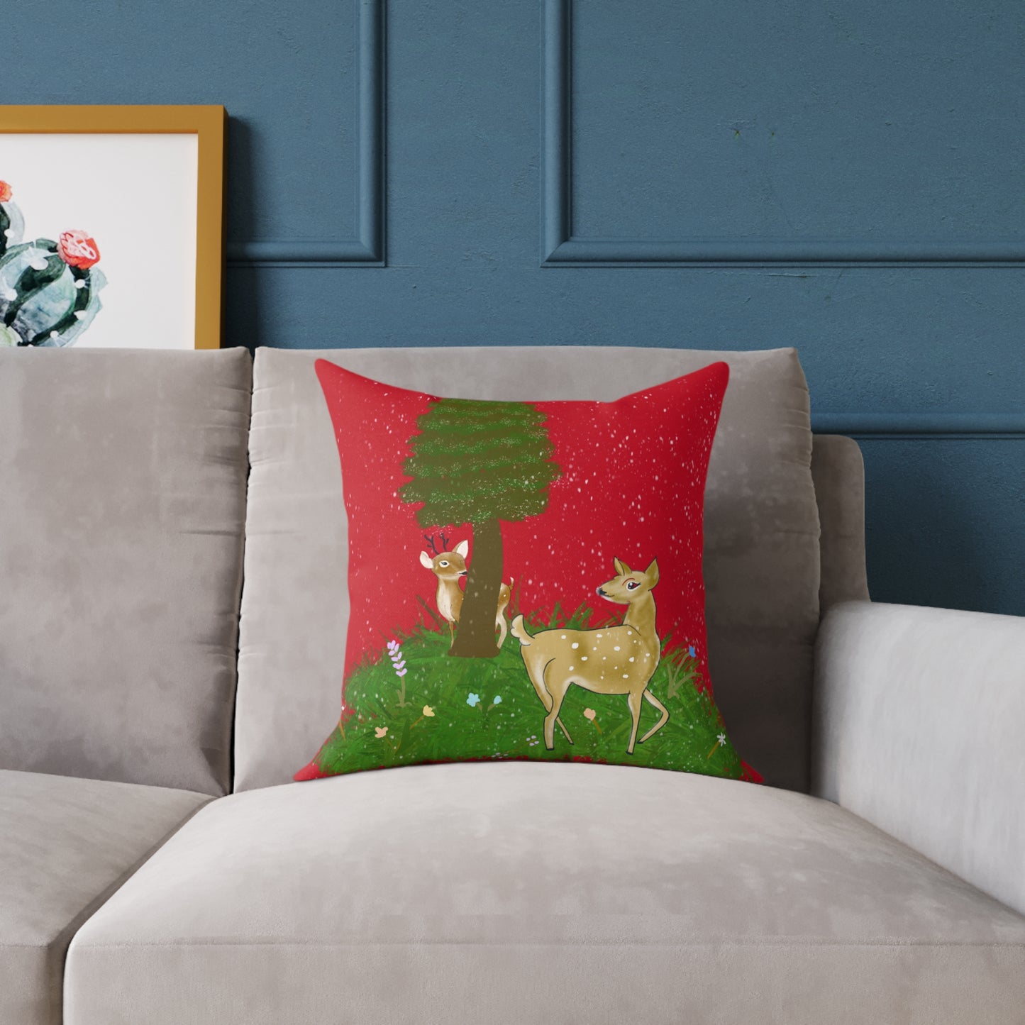 Square Pillow - Deer and Fawn Hide and Seek Christmas Snow