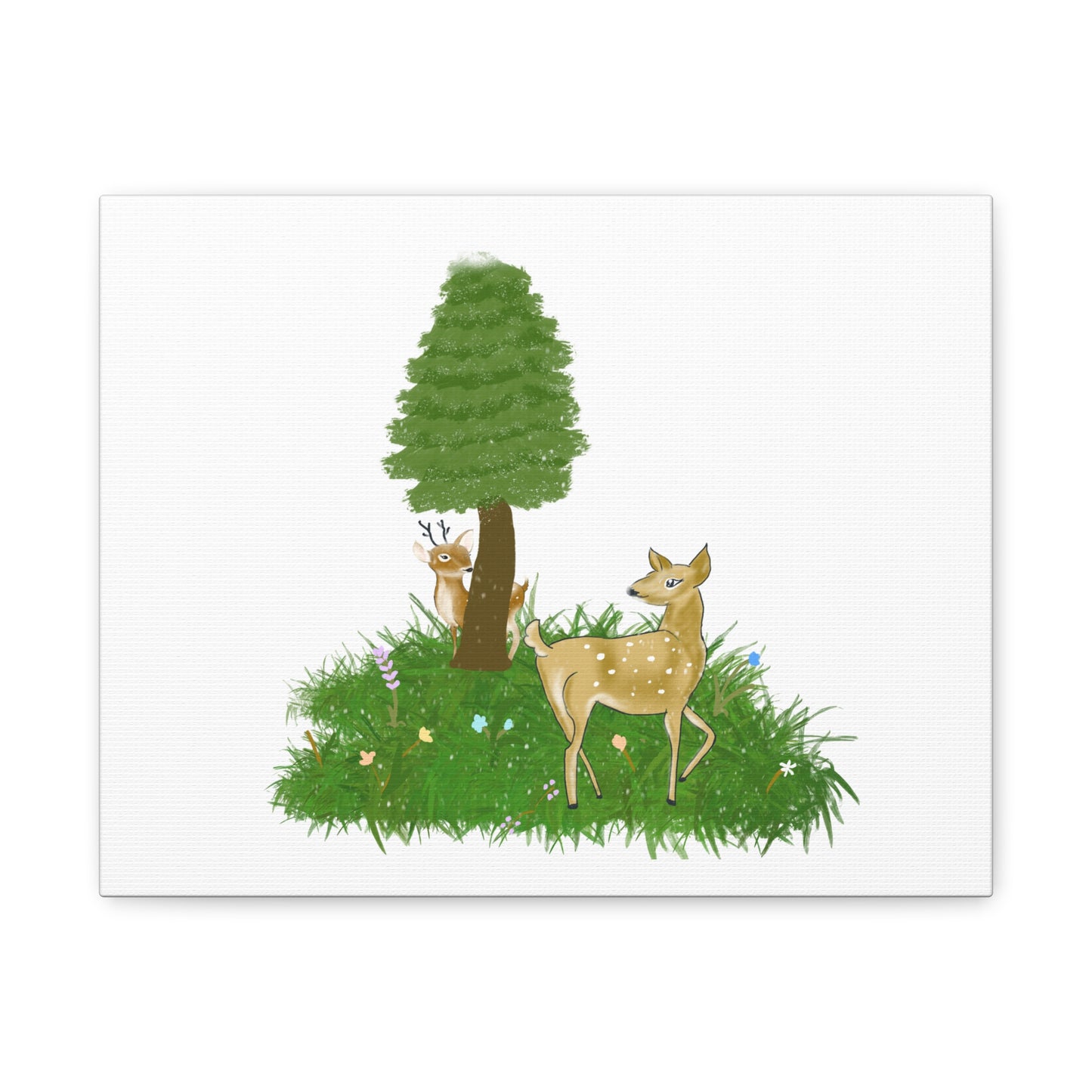 Canvas Print - Deer Fawn playing Hide and seek in snow