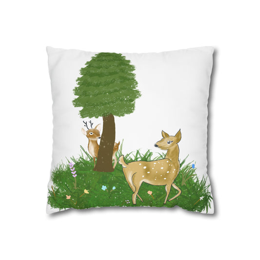 Poly Canvas Pillowcase - Deer and Fawn Hide and Seek in Snow Design