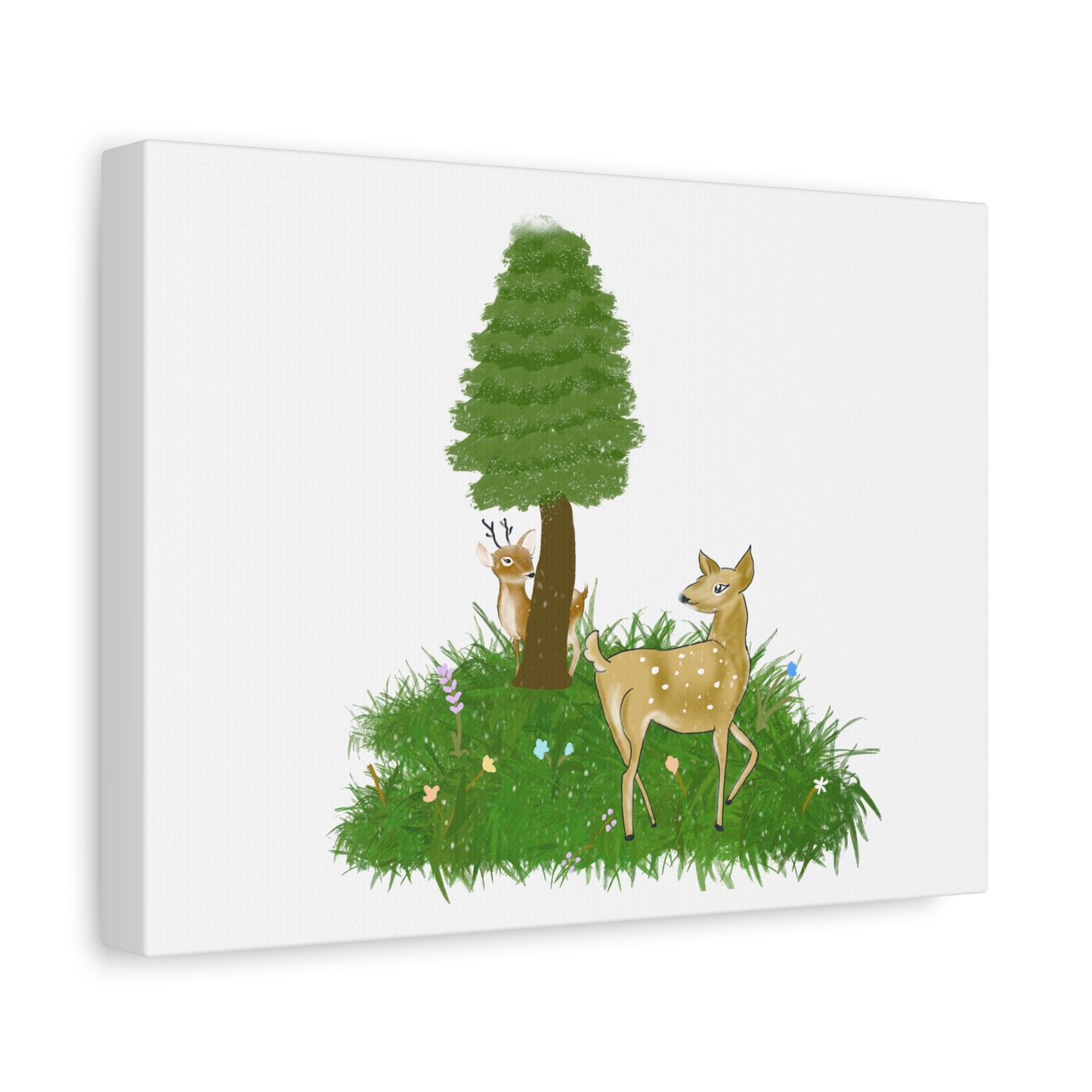 Canvas Print - Deer Fawn playing Hide and seek in snow