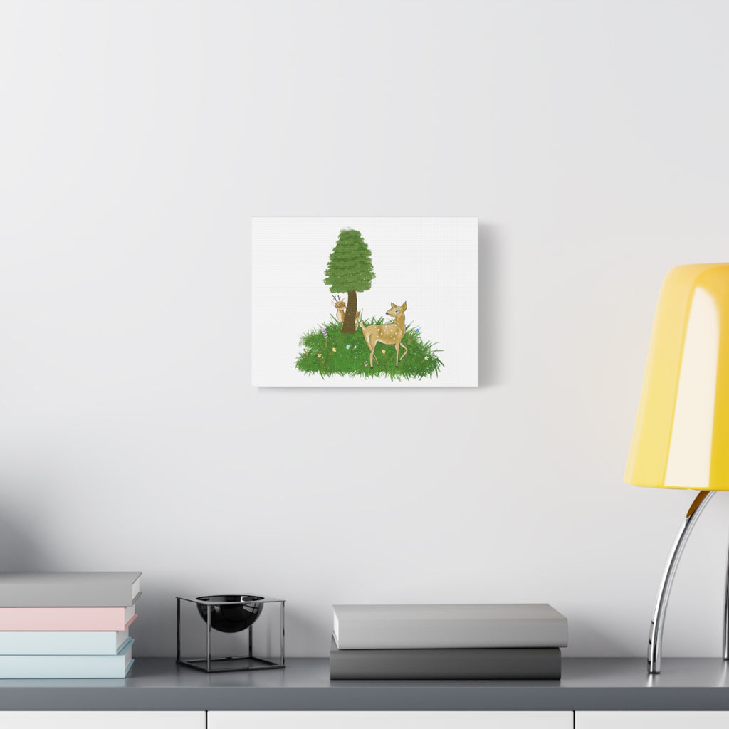 Canvas Print - Deer Fawn playing Hide and seek in snow