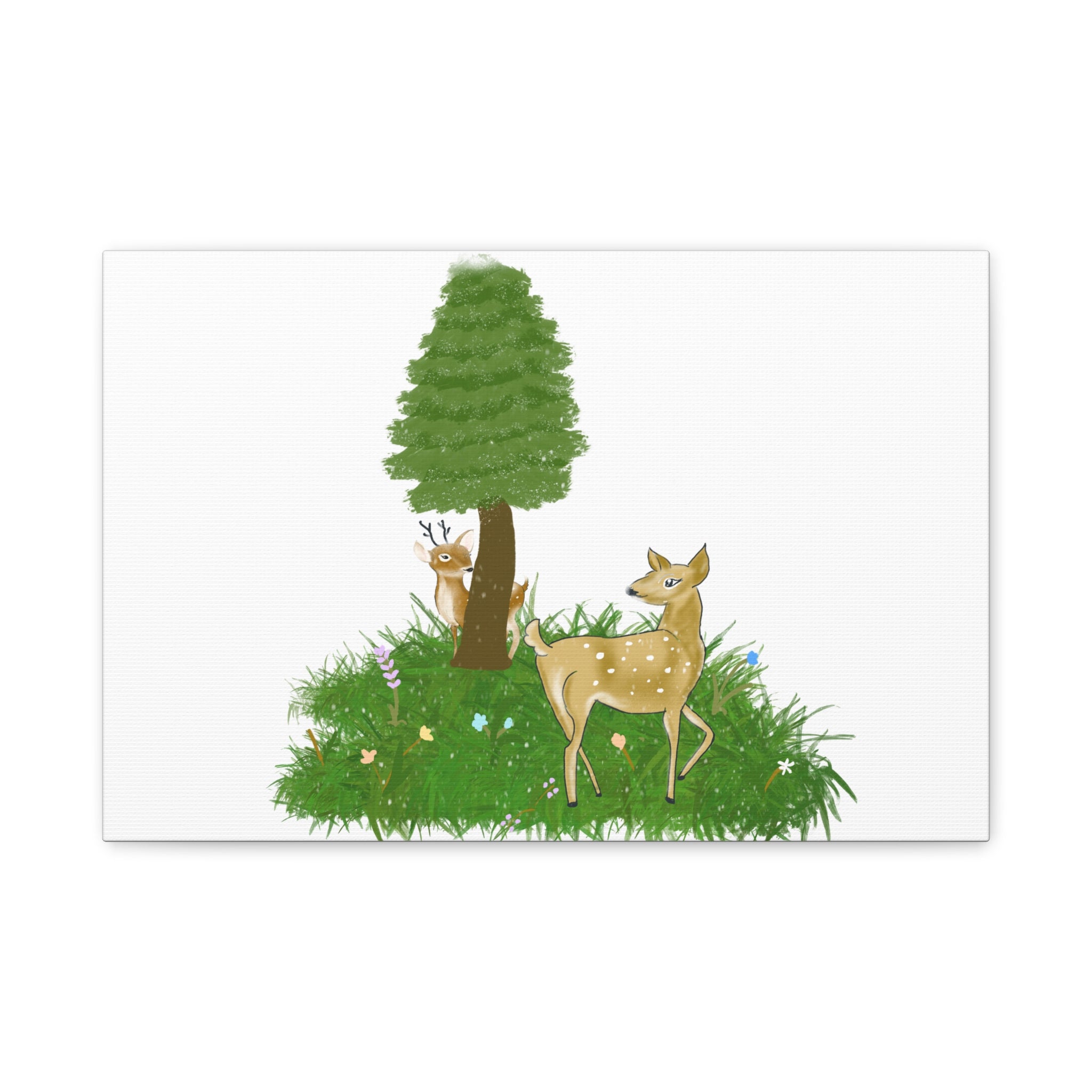 Canvas Print - Deer Fawn playing Hide and seek in snow