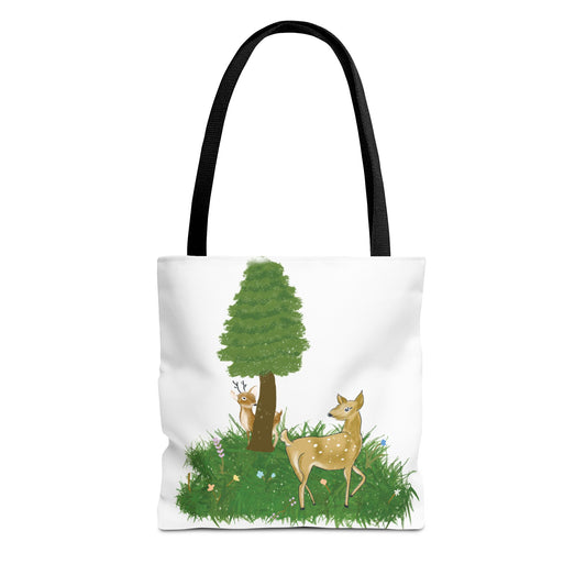 Forest Deer Tote Bag — Cute Woodland Deer & Tree All-Over Print Tote