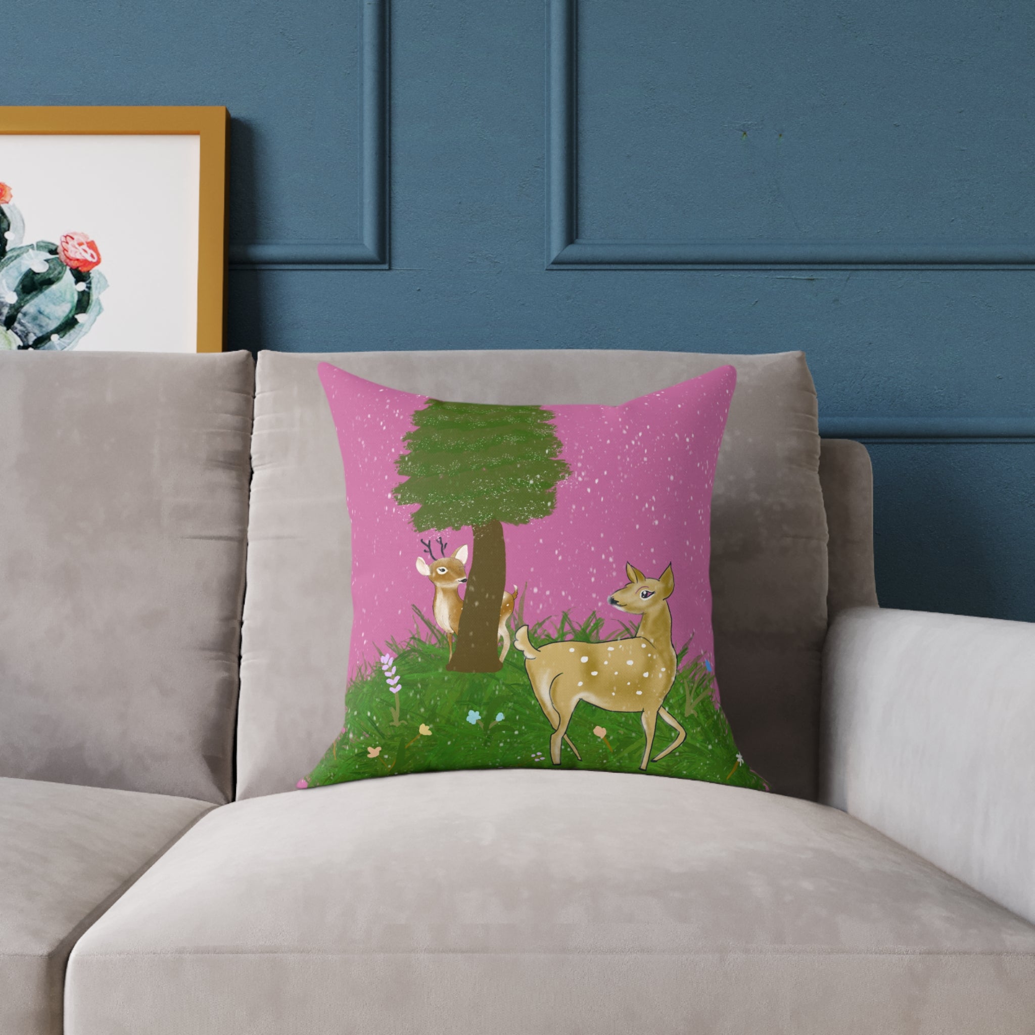 Canvas Pillow - Deer and Fawn Christmas hide and seek in snow design