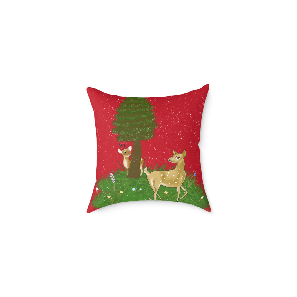 Square Pillow - Deer and Fawn Hide and Seek Christmas Snow