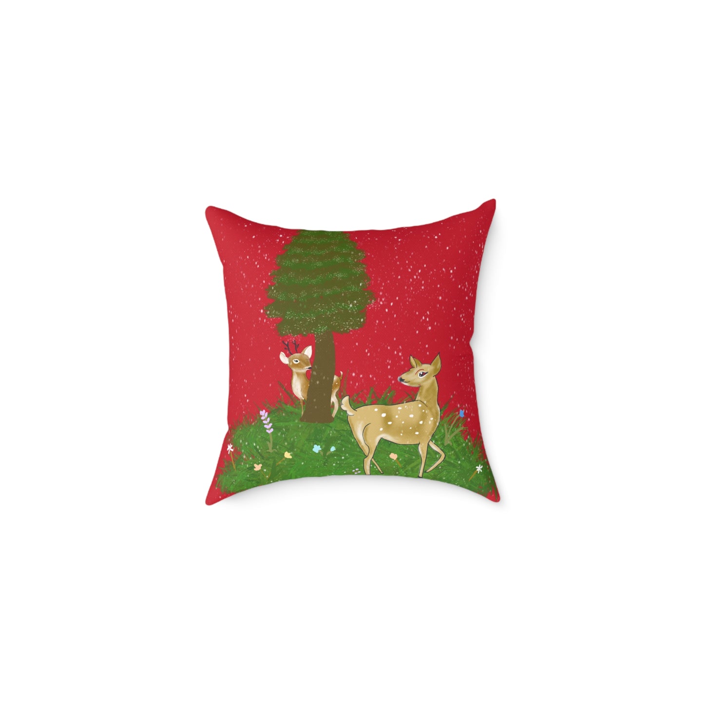 Square Pillow - Deer and Fawn Hide and Seek Christmas Snow